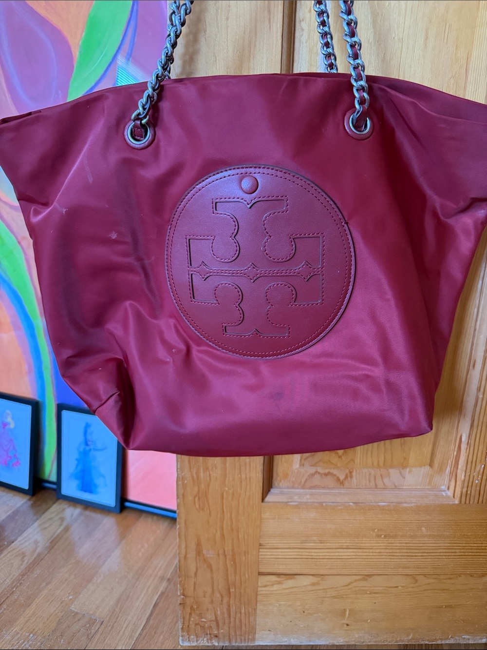 Tory Burch Burgundy Nylon Tote with Logo Patch and Chain Straps